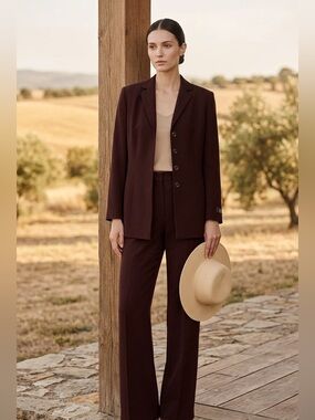 Kasper Women's Brown Single-Breasted Wool Blazer Jacket with Matching Pants 16